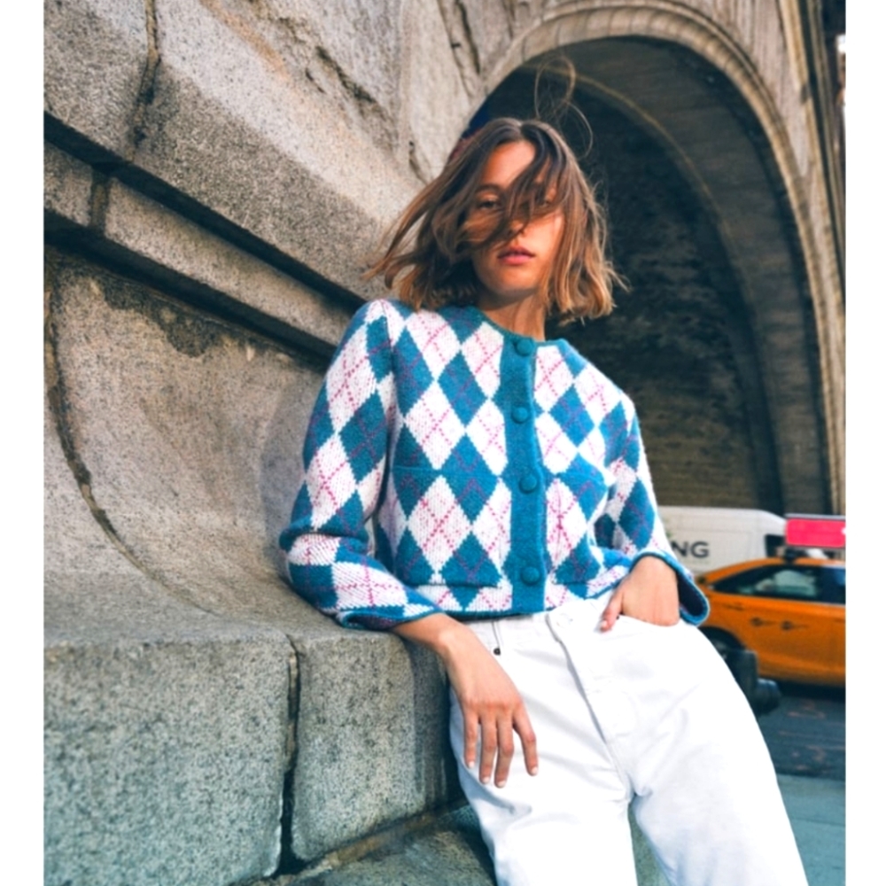 Argyle knit jacquard cardigan